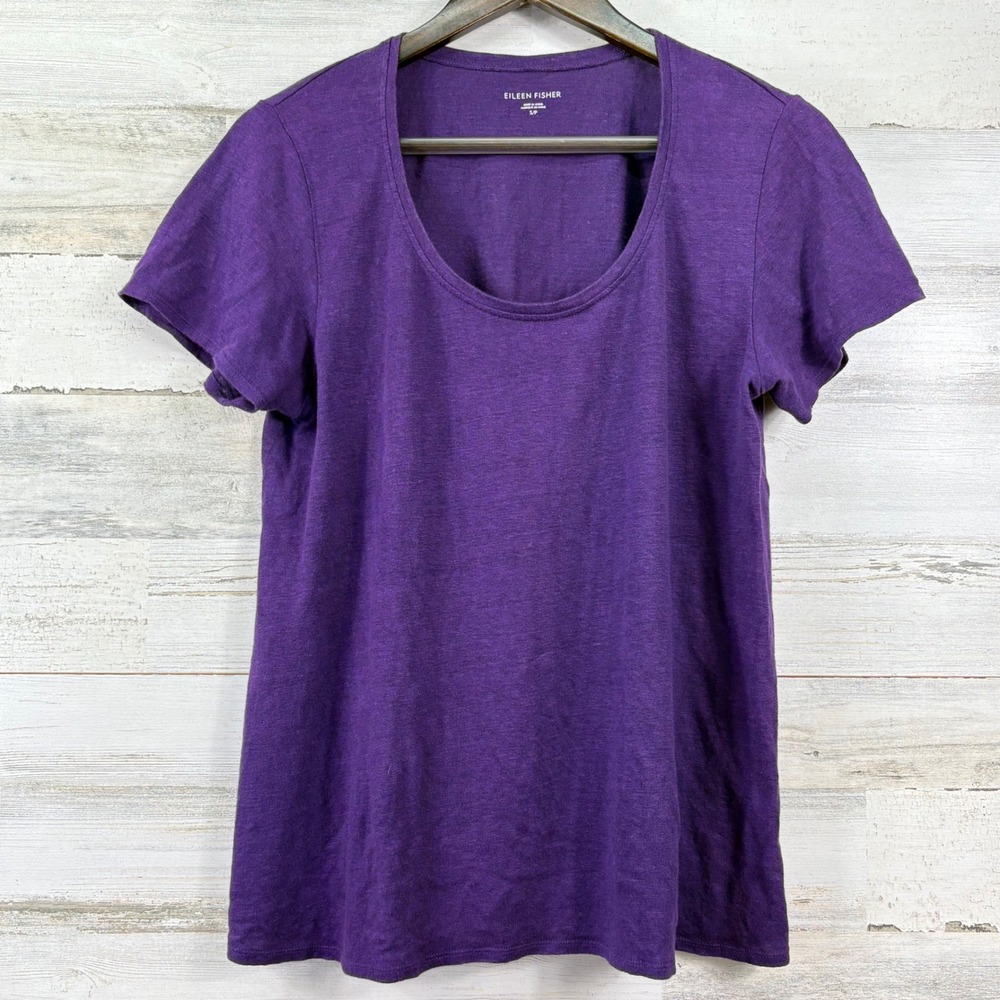 Eileen Fisher T-Shirt Womens Small Purple Short Sleeve Scoop Neck Organic Linen